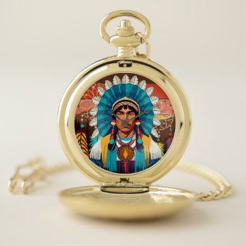 Native American Chief Powerful Portrait Pocket Watch by Bluedarkat at Zazzle