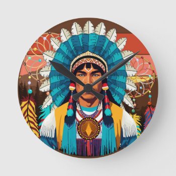 Native American Chief Powerful Portrait Round Clock by Bluedarkat at Zazzle