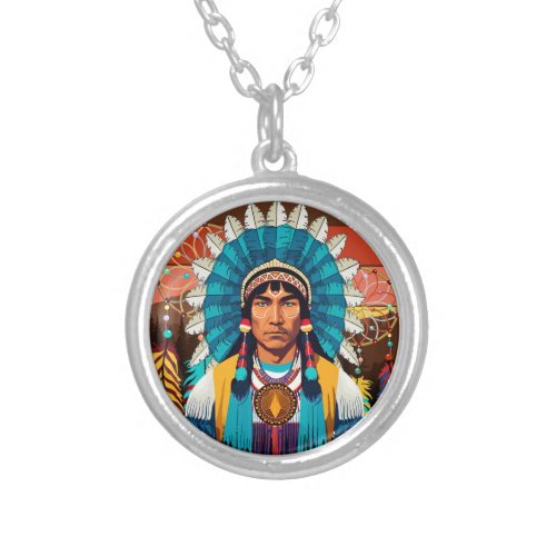 Native American Chief Powerful Portrait Silver Plated Necklace