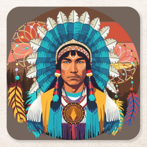 Native American Chief Powerful Portrait Square Paper Coaster