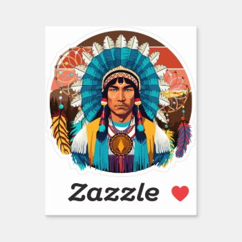 Native American Chief Powerful Portrait Sticker by Bluedarkat at Zazzle
