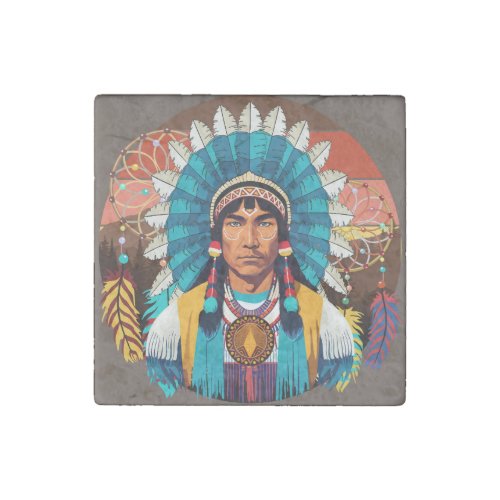 Native American Chief Powerful Portrait Stone Magnet