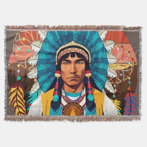 Native American Chief Powerful Portrait Throw Blanket