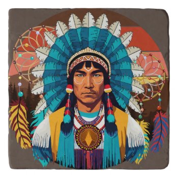 Native American Chief Powerful Portrait Trivet by Bluedarkat at Zazzle