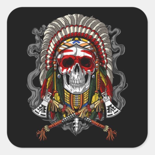 Native American Chief Skull Indian Headdress Square Sticker