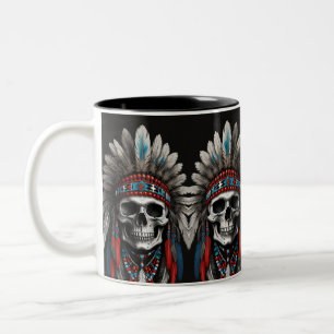 Native American Chief Skull with Headdress Two-Tone Coffee Mug