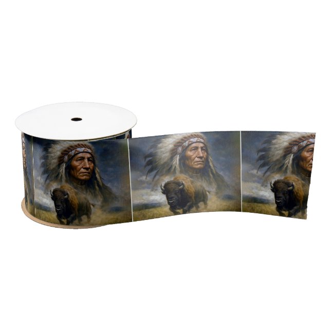 Native American Chief with Charging Buffalo Satin Ribbon (Spool)