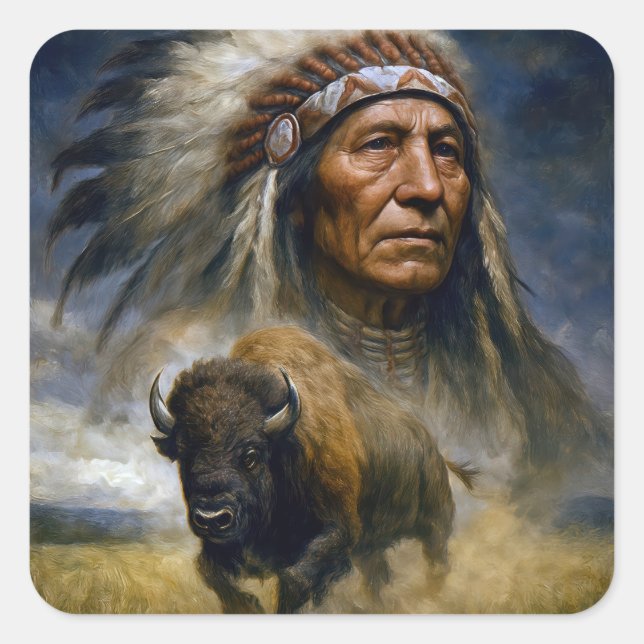 Native American Chief with Charging Buffalo Square Sticker (Front)