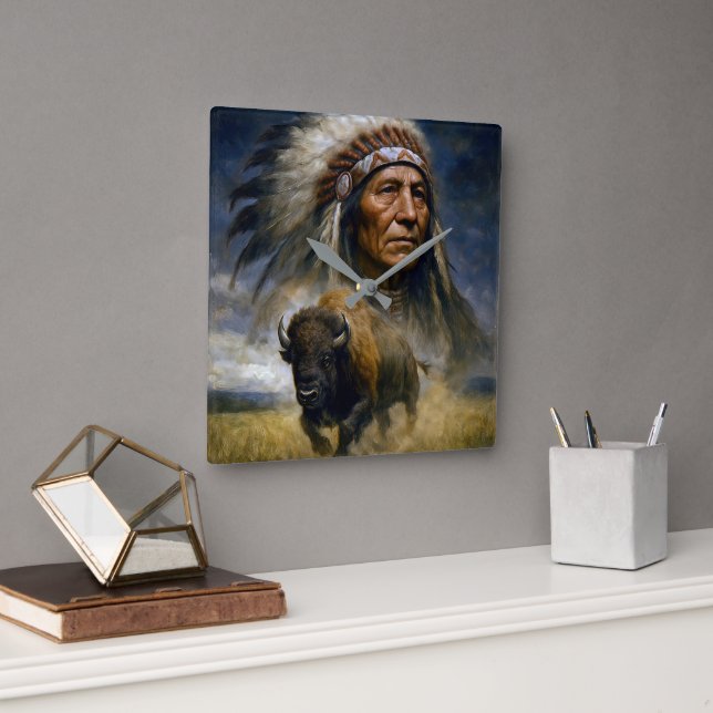 Native American Chief with Charging Buffalo Square Wall Clock (Office)