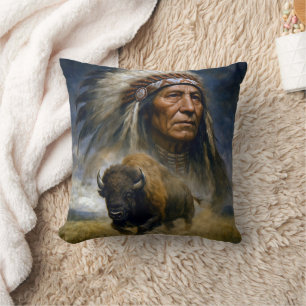 Native American Chief with Charging Buffalo Throw Pillow
