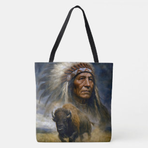 Native American Chief with Charging Buffalo Tote Bag