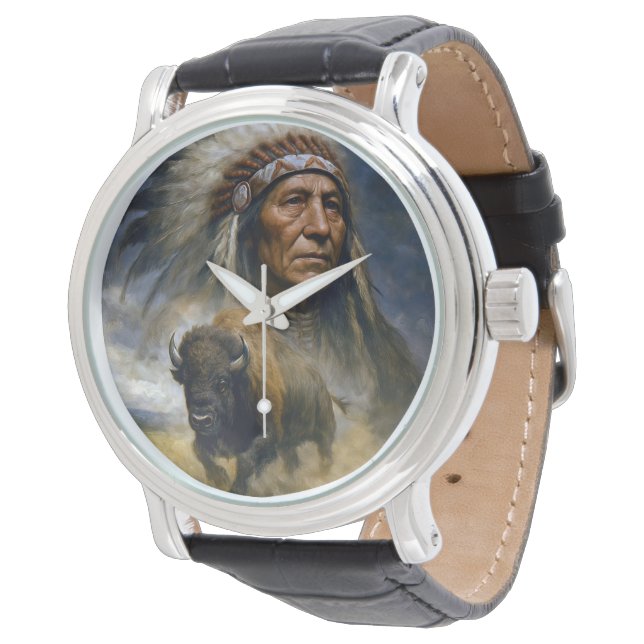 Native American Chief with Charging Buffalo Watch (Angled)