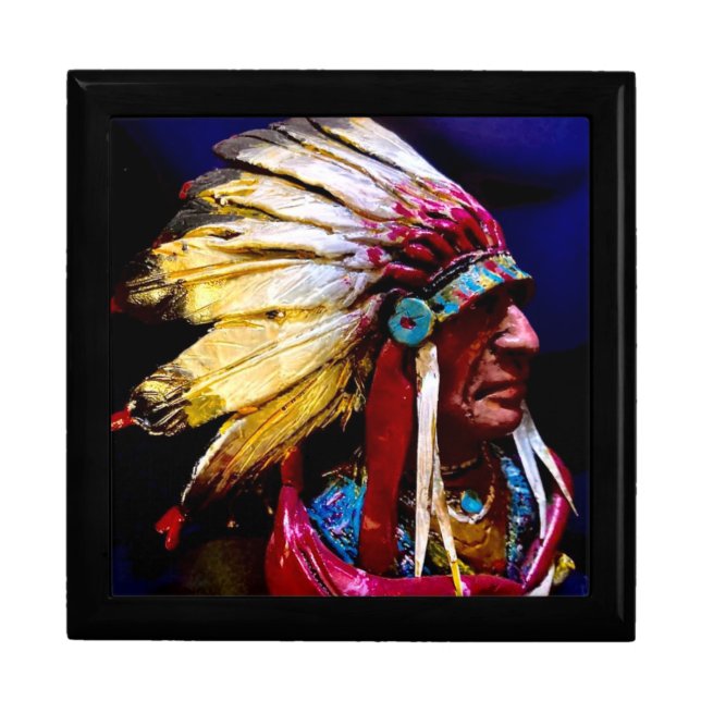 Native American chief Wooden Jewelry Keepsake Box (Front)