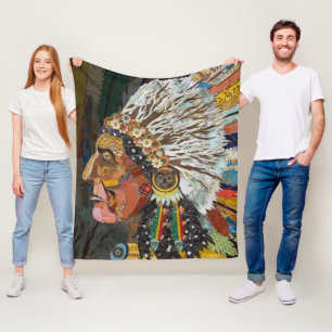 Native American Colorful Headdress Chief Fleece Blanket