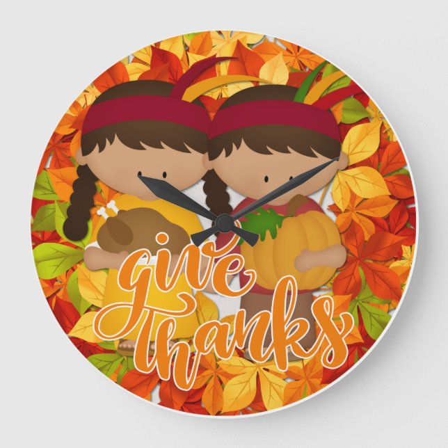 Native American Couple - Give Thanks Large Clock (Front)