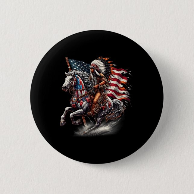 Native American Day Flag Indian Riding Horse 4th O Button (Front)