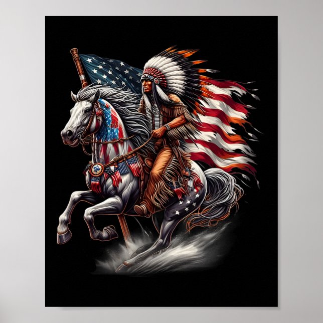 Native American Day Flag Indian Riding Horse 4th O Poster (Front)