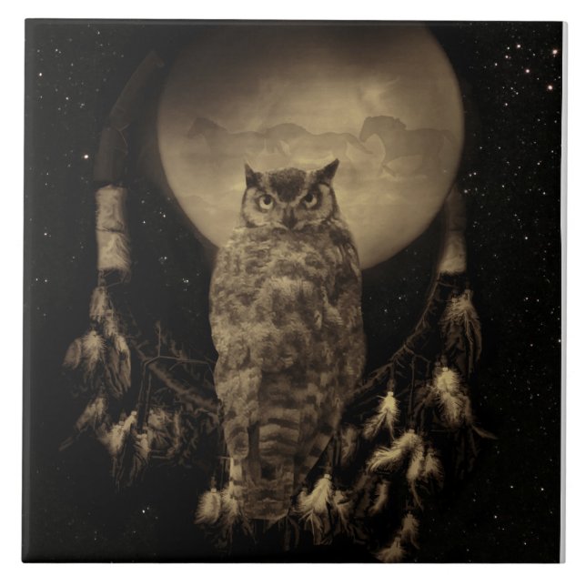 Native American Dream Catcher With Owl and Horses Ceramic Tile (Front)