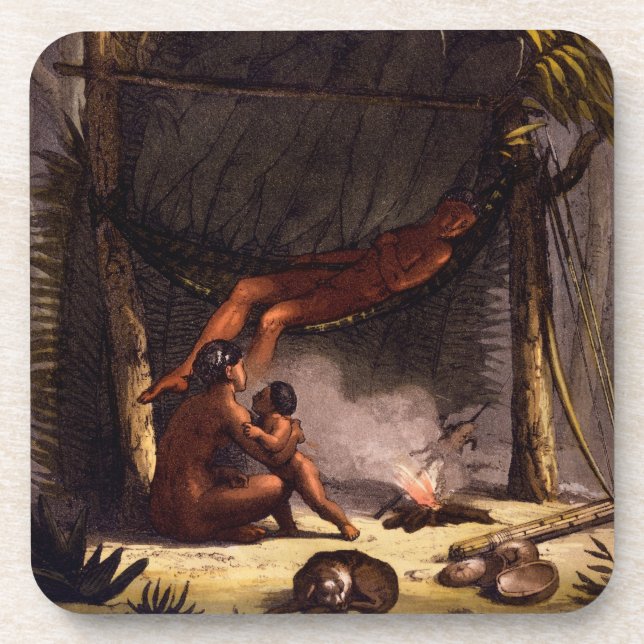 Native American Family under a Leaf Shelter (colou Beverage Coaster (Front)