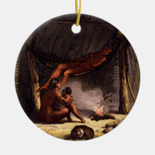 Native American Family under a Leaf Shelter (colou Ceramic Ornament