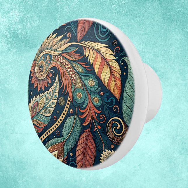 Native American Feather Swirl Terra Cotta Teal Ceramic Knob (Creator Uploaded)
