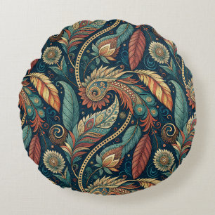 Native American Feather Swirl Terra Cotta Teal Round Pillow