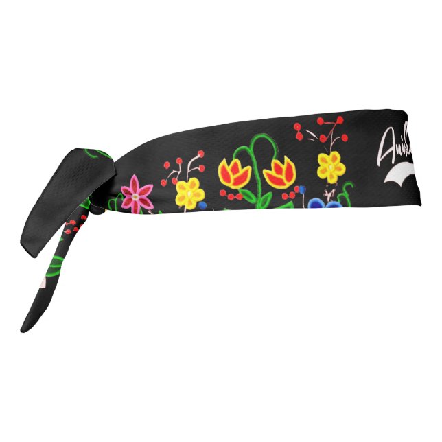 Native American Floral Anishinaabe Black  Tie Headband (Rotate 270)