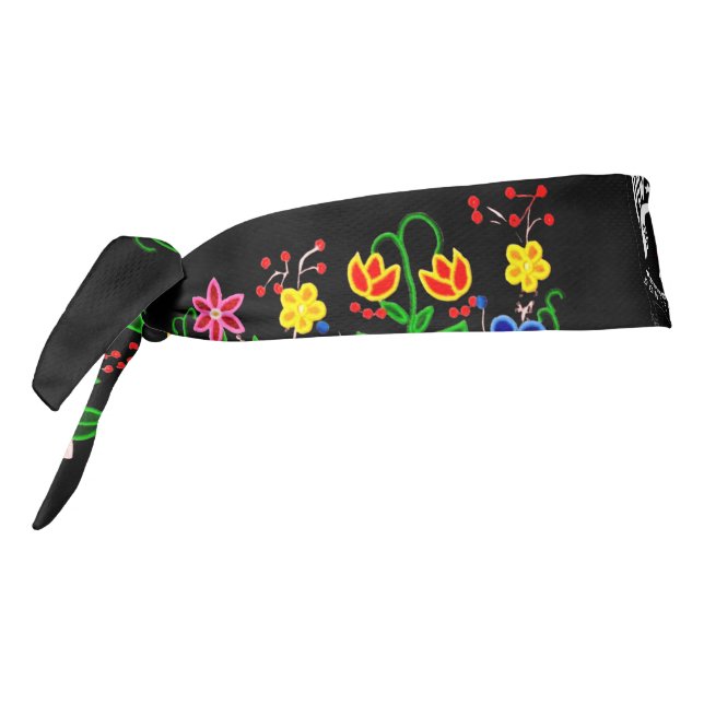 Native American Floral MMIW POW Anishinaabe Black Tie Headband (Rotate 270)