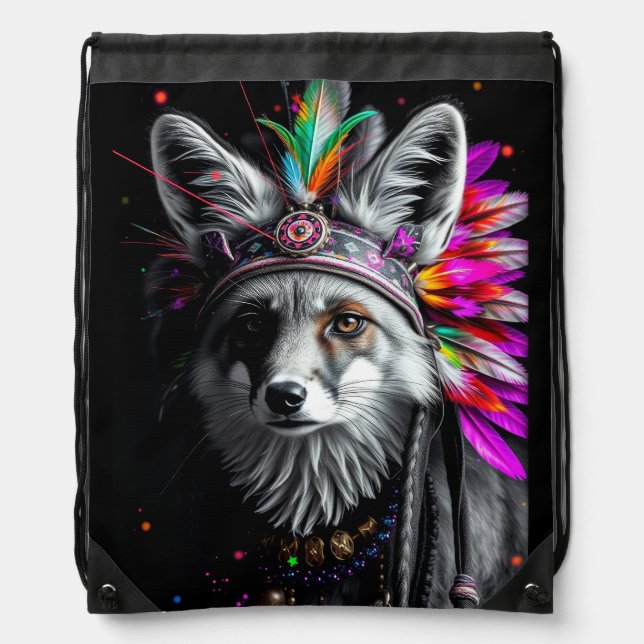 Native American Fox art Drawstring Bag (Front)