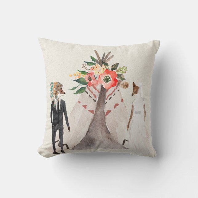 Native American Fox Bride and Groom Throw Pillow (Front)