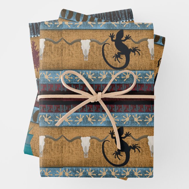 Native American Gecko, Buffalo & Owl Wrapping Paper Sheets (In situ)