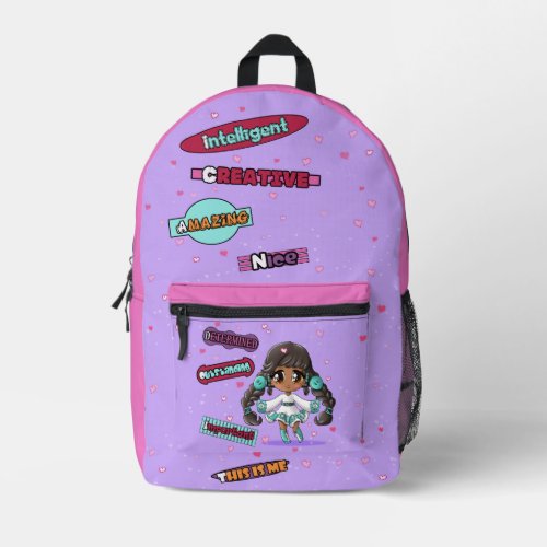 Native American Girl Happy Sweet Fun Hearts Purple Printed Backpack