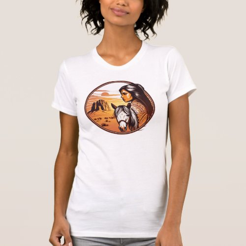 Native American Girl Horse Sunset T_Shirt