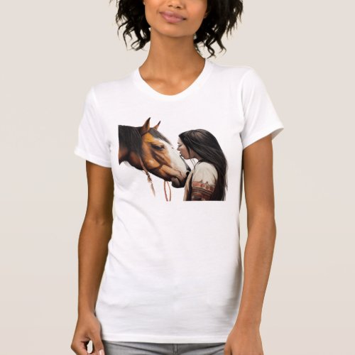 Native american girl kissing horse T_Shirt