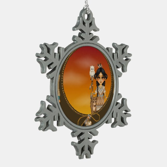 Native American Girl Snowflake Pewter Christmas Ornament (Left)