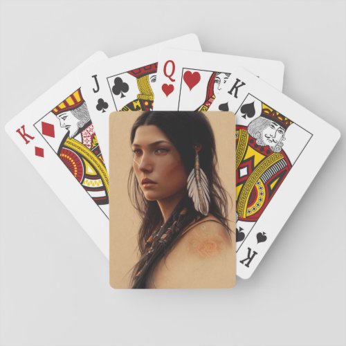 Native American Girl with Feathers Playing Cards