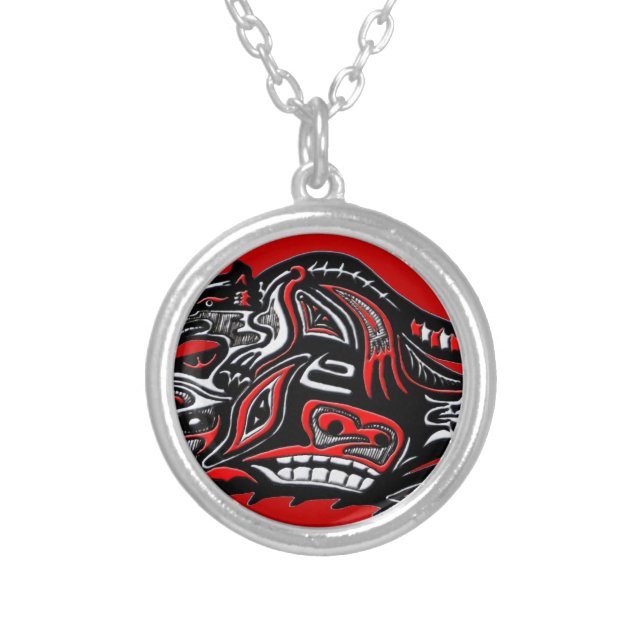 Native American Haida Art Otter Illustration Silver Plated Necklace (Front)
