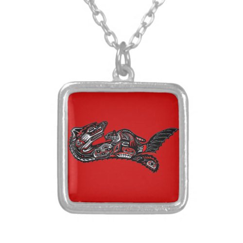 Native American Haida Art Otter Illustration Silver Plated Necklace