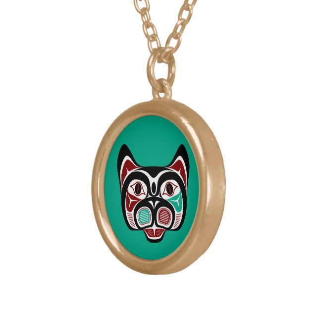 Native American Haida Red Black Green Kitty Art Gold Plated Necklace (Front Right)