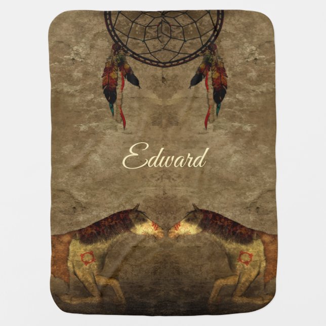 Native American Horses & Dream Catcher Baby Blanket (Front)