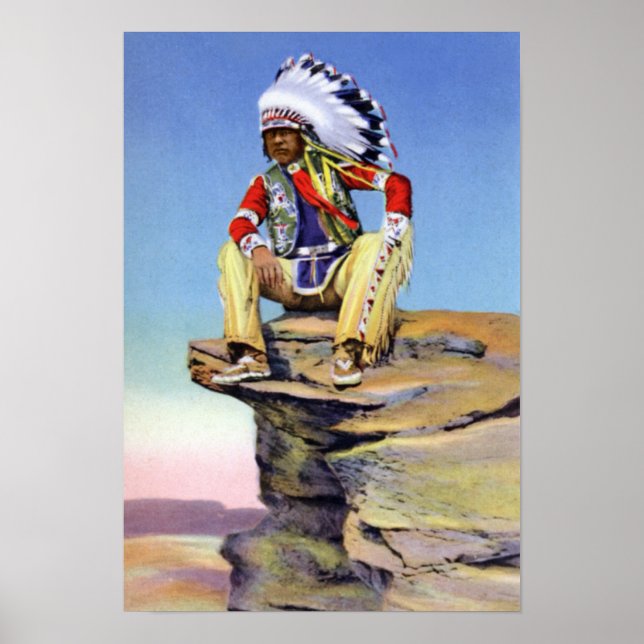 Native American in Costume Poised on Rock Poster (Front)