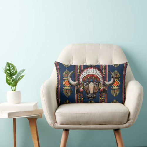 Native American Indian Buffalo Design On  Lumbar Pillow