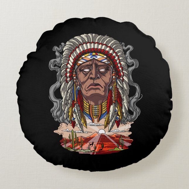 Native American Indian Chief Headdress Round Pillow (Front)