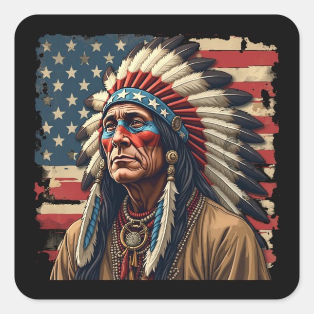 Native American Indian Chief Patriotic American  Square Sticker (Front)