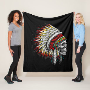 Native American Indian Chief Skull Motorcycle Fleece Blanket