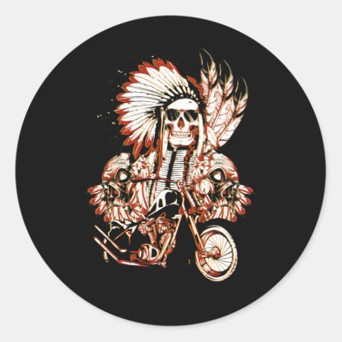 Native American Indian Chief Skull Motorcycle Head Classic Round Sticker
