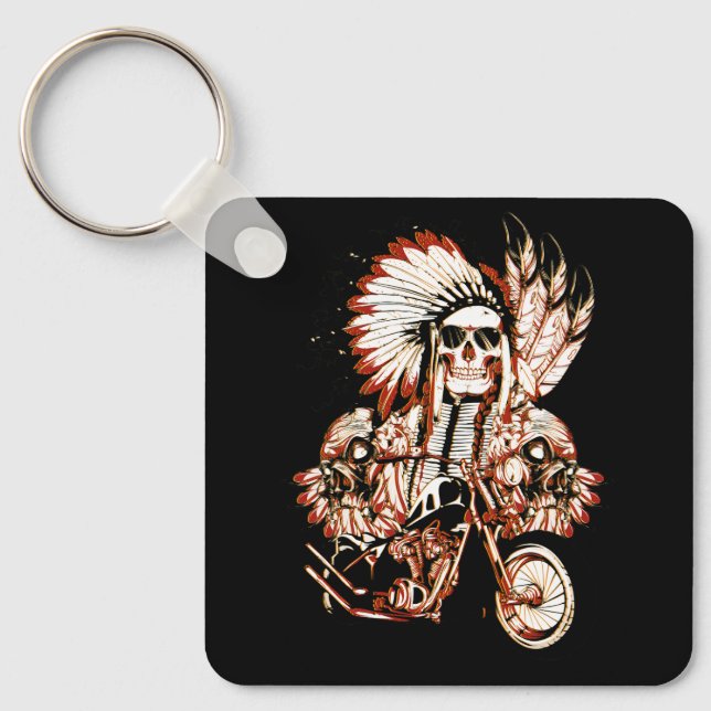 Native American Indian Chief Skull Motorcycle Head Keychain (Front)