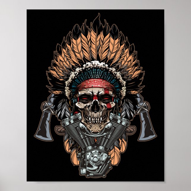 Native American Indian Chief Skull Motorcycle Poster (Front)
