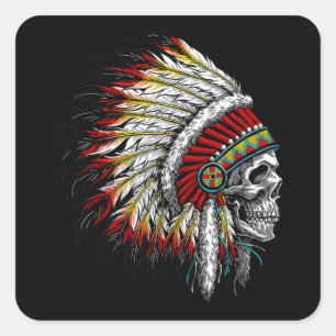 Native American Indian Chief Skull Motorcycle Square Sticker