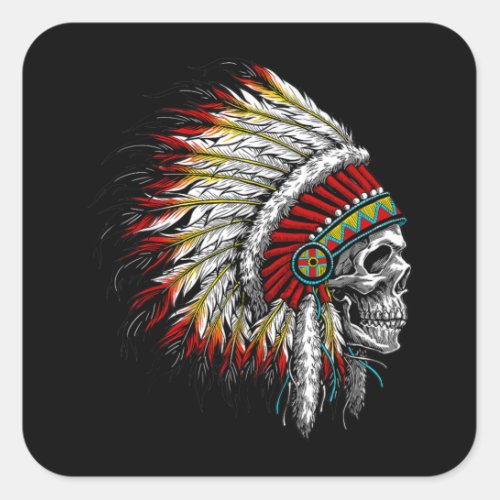 Native American Indian Chief Skull Motorcycle Square Sticker